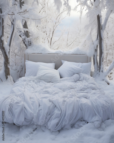 Wallpaper Mural A snow-white bed outside adorned with fluffy pillows. Bed, pillows and pillows in the snow evoking comfort and tranquility in a serene winter retreat. Torontodigital.ca
