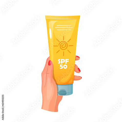 A woman hand holding a tube of sunscreen cream.
Skin care concept.
