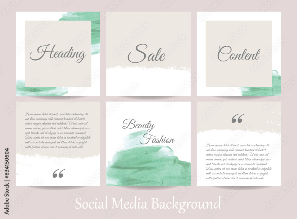 Minimal abstract social media story post feed background, and web banner template. Green pastel watercolor vector texture frame mock-up of beauty, jewelry, cosmetics, care, wedding, makeup