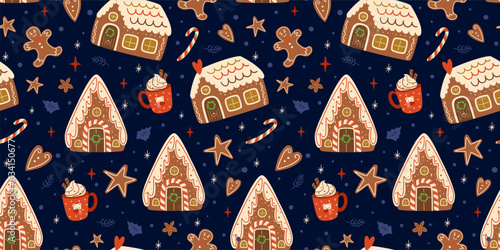 Christmas gingerbread houses seamless patterns on dark blue repeat background. Cute gingerbread cookies. Vector winter print. Christmas repeating texture, surface design, wallpaper, fabric, wrap paper