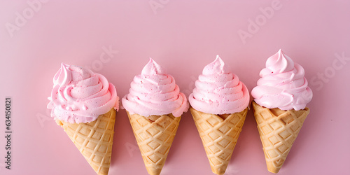 Pink ice cream in a waffle cone on pink background, inspired by trendy color in style of Barbie pink photo