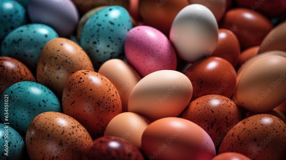 Easter background, scene full of decorative dyed multicolored eggs.