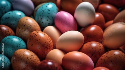 Easter background, scene full of decorative dyed multicolored eggs.