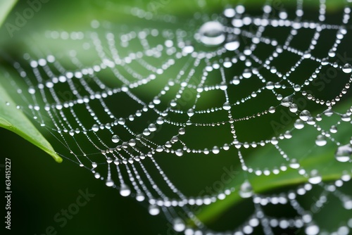 The spider web with dew drops, green leaves on the background © happy_finch