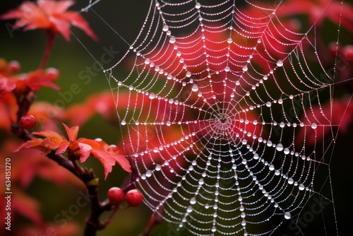 The spider web with dew drops, red leaves on the background