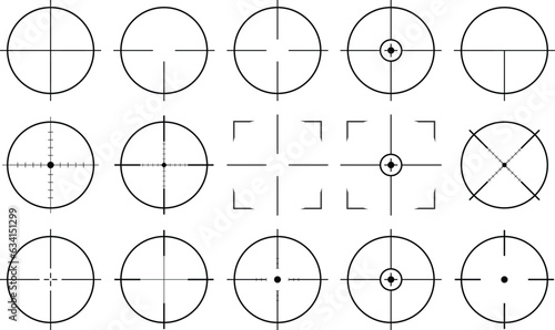 Pack of sniper rifle aims isolated. Crosshairs target choose destination icons. Aim shoot focus cursor. Bullseye mark targeting. Game aiming sight dot pointer set. Vector illustration
