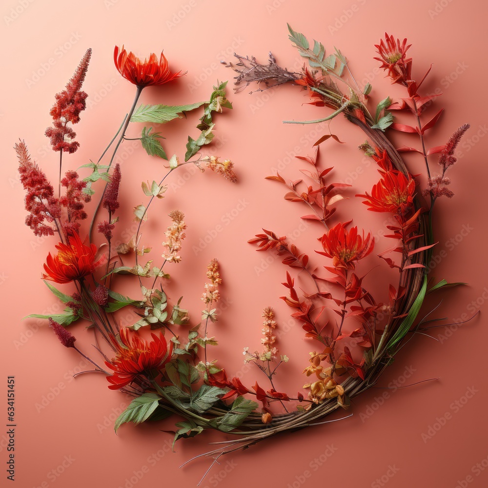 Wreath of red wild flowers on a pink background. Floral decor. Generative AI