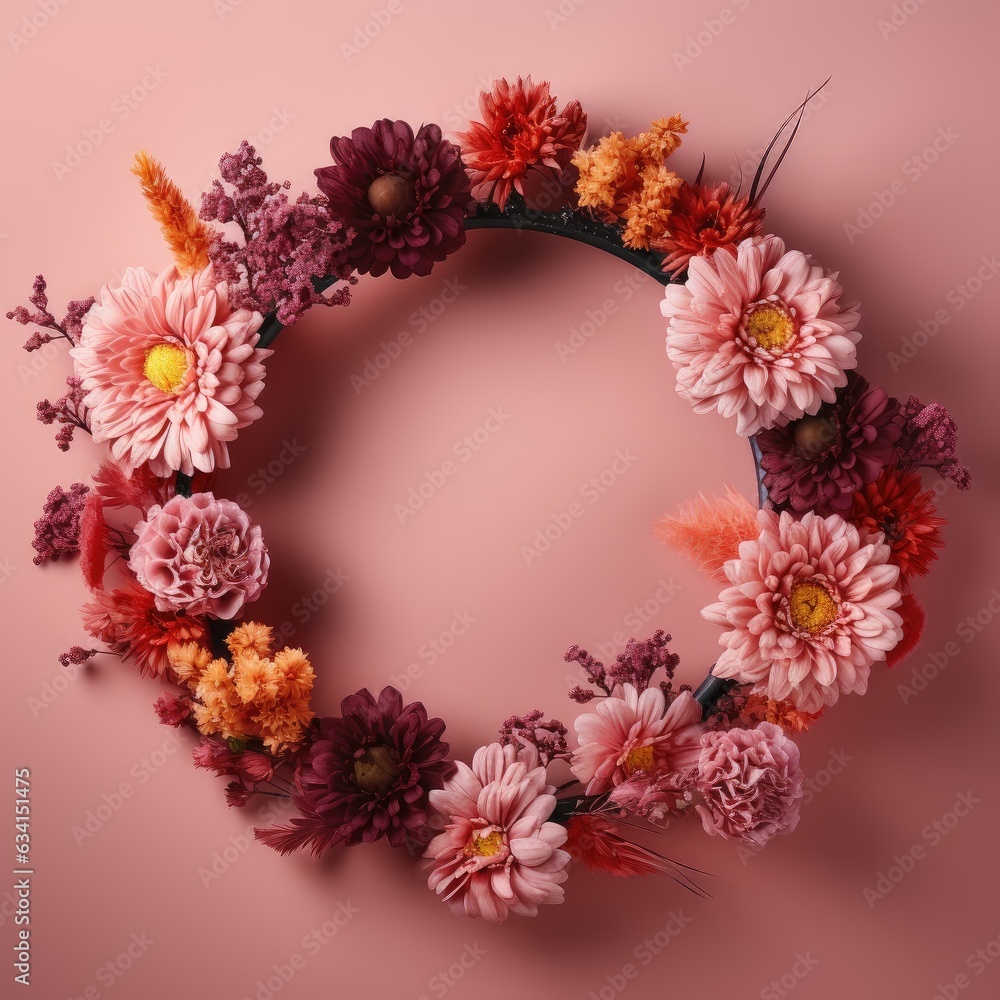 Floral wreath of pink asters and carnations. Floristics and decor. Generative AI Floral wreath of pink asters and carnations. Floristics and decor. Generative AI