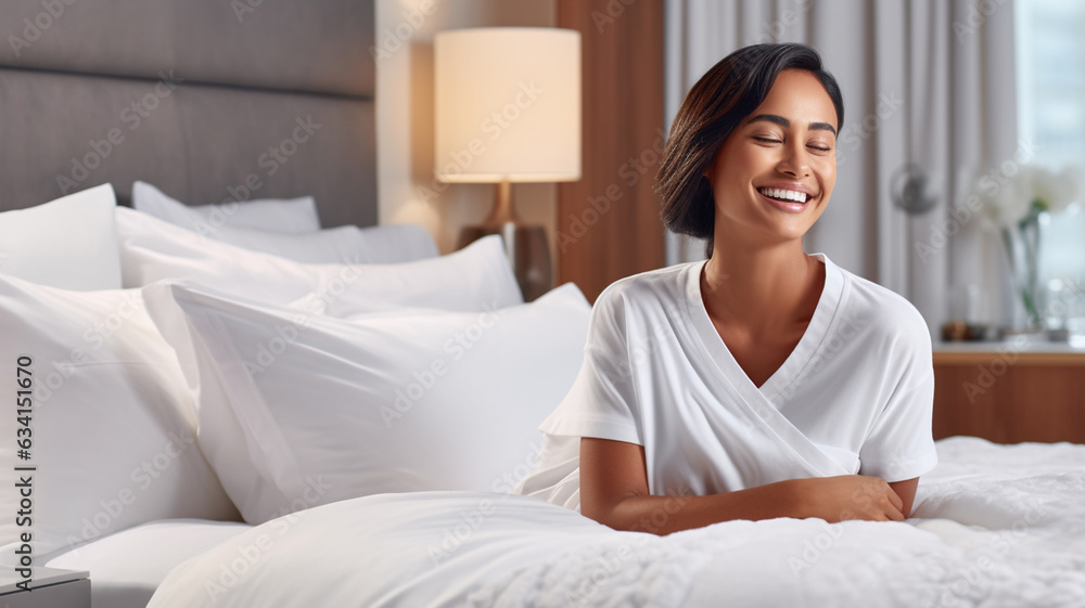 adult female, 30s, tanned skin tone, american asian or multiracial, sitting on bed with duvet and pillow in hotel room or at home, eyes closed,fictional location adult female, 30s, tanned skin tone, american asian or multiracial, sitting on bed with duvet and pillow in hotel room or at home, eyes closed,fictional location