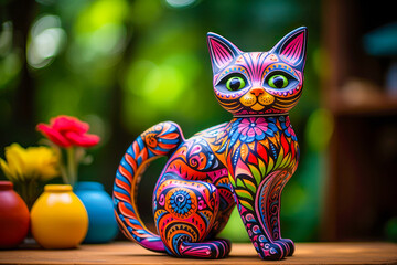 Alebrije Mexican folk art, wood carving, cat