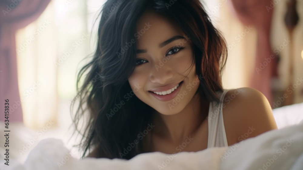 young adult woman wearing cozy white tank top as nightgown, lying on stomach on bed early morning, indian or asian or indonesian, at home, fictional location young adult woman wearing cozy white tank top as nightgown, lying on stomach on bed early morning, indian or asian or indonesian, at home, fictional location