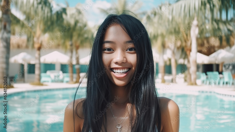young adult multiracial woman, standing by the water at the swimming pool, tropical, friendly beautiful smile, good mood on the day on vacation, fictional location