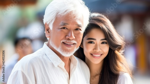 a proud old man with gray hair and a gray beard, with his daughter strolling through the city or neighborhood, asian or korean or multiracial © wetzkaz