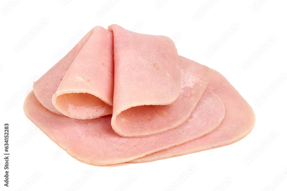Sliced boiled ham sausage, isolated on white background. Sliced boiled ham sausage, isolated on white background.