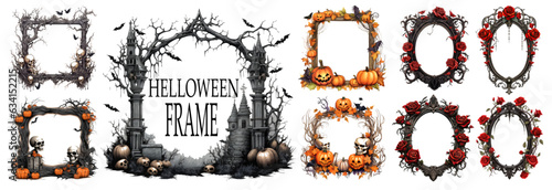 Foto Halloween frames set with silhouettes of pumpkins, bats, spiderweb, tree branches