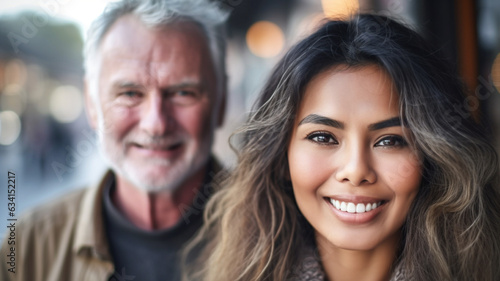 everyday life in a city, outdoors on the move, mature adult multi-ethnic woman with caucasian elderly man with gray hair and receding hairline, fictional place