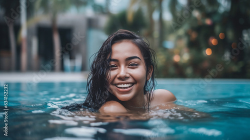 young adult multiracial woman, swims in water in swimming pool, tropical, friendly beautiful smile, good mood in day on vacation, fictional location