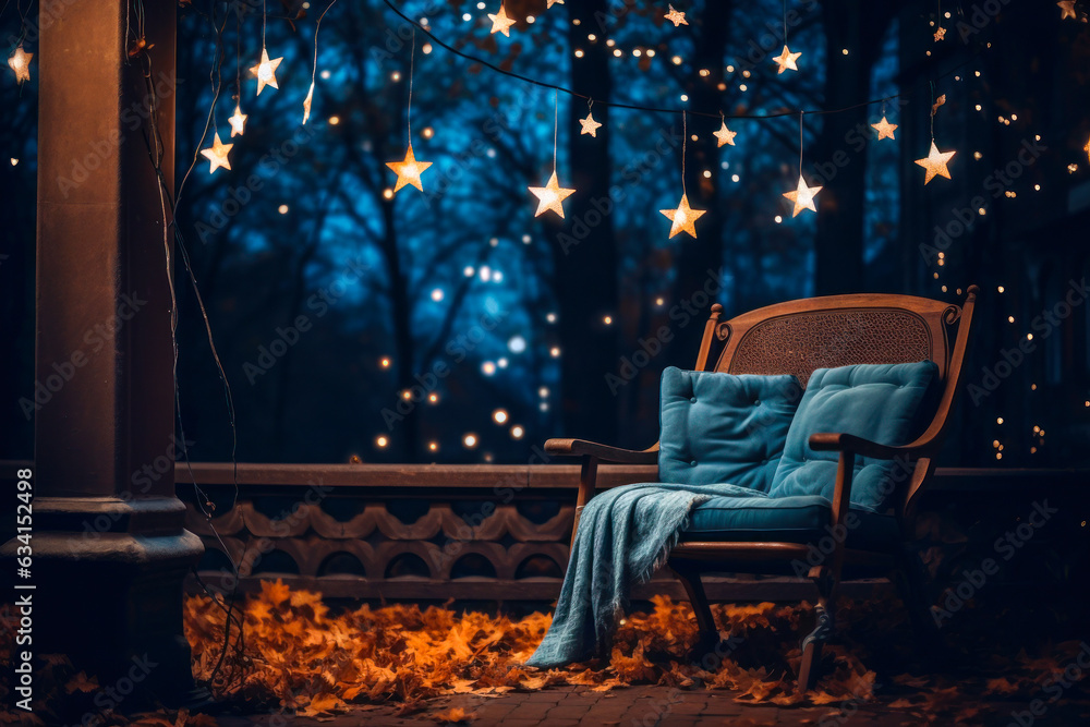 Chair on porch with blue pillows and star light stand, night, fall, autumn, copyspace, background, empty