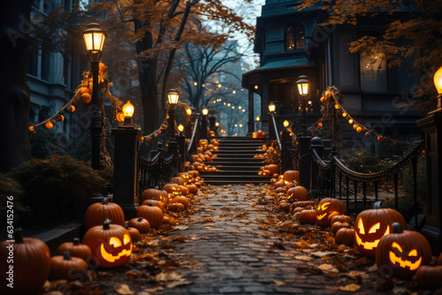 Path and steps lined with Halloween pumpkin jack o' lanterns, town, night Fototapet