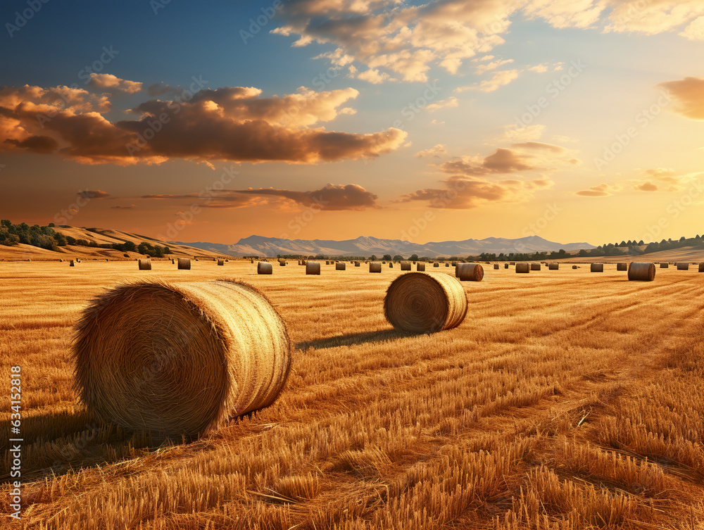 A field of hay, adorned with rounded bales, showcasing the rustic charm of agriculture against nature's canvas. A beautiful hay field.