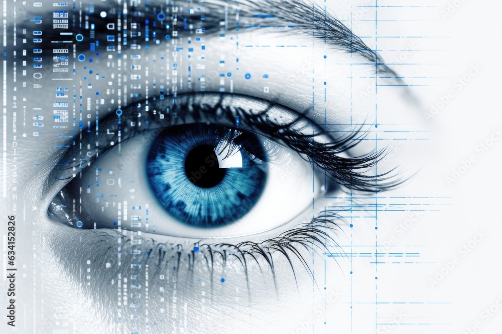 Nahaufnahme, biometrischer Scan eines weiblichen Auges mit Code Overlay in weiß und blau, Identifikationskonzept, moderne Technologie - obrazy, fototapety, plakaty 
