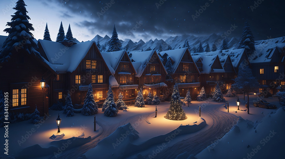Fototapeta premium Enchanted Eve: Hyperrealistic Winter Village Awakens for Christmas Festival