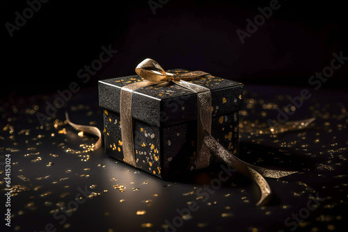 a black gift box with a gold ribbon on a black background. Black friday