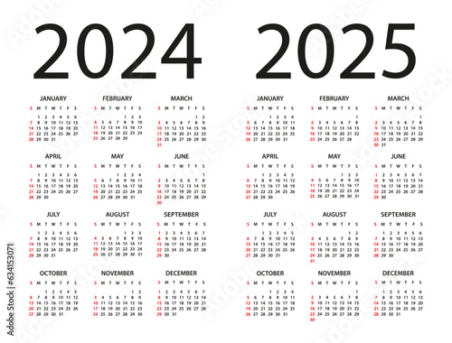 Calendar 2024, 2025 - illustration. Week starts on Sunday. Calendar Set for 2024, 2025 years