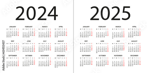 Calendar 2024, 2025 - illustration. Week starts on Monday. Calendar Set for 2024, 2025 years