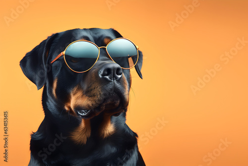 Creative animal concept. Rottweiler dog puppy in sunglass shade glasses isolated on solid pastel background, commercial, editorial advertisement, surreal surrealism © Sandra Chia