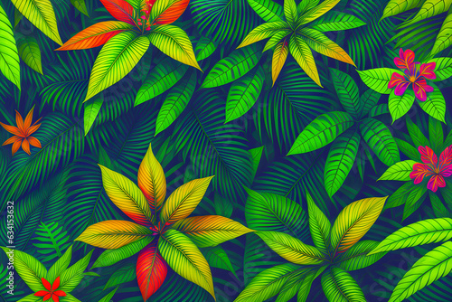 wallpaper art   illustration of plants  jungle  blossoms  leaves  flowers  colorful background - generative ai