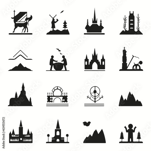 Minimalist flat vector beautiful set of tourism icons and silhouettes. black and white. ui. UX. Linux. by Adrian Tomine.