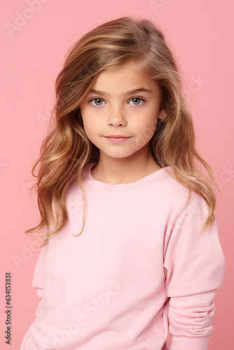 caucasian girl in studio portrait looking at camera on pink background