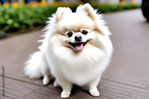 A white-haired Pomeranian smiling with a very cute expression. Generative AI
