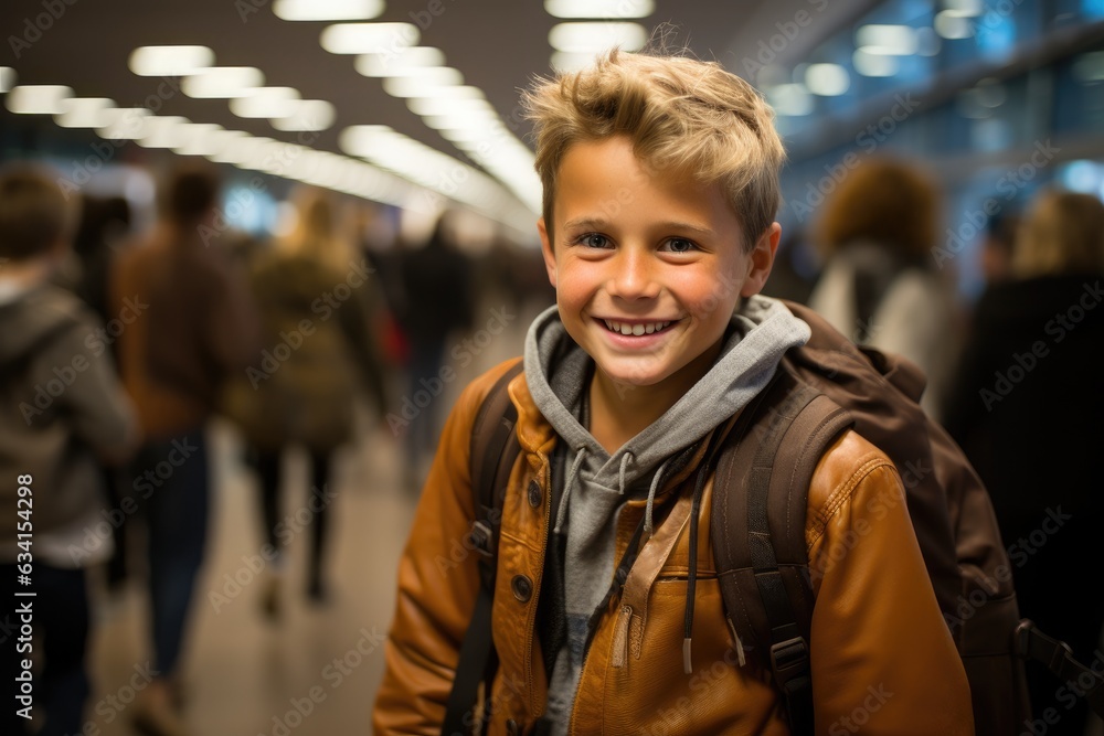 Child boy with backpack at railway station waiting for train. Child boy with backpack at railway station waiting for train.