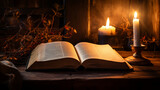 Biblical Inspirations: An open Bible resting on an old wooden table, surrounded by soft candlelight, showcasing the importance of scripture in Christian life and contemplation 