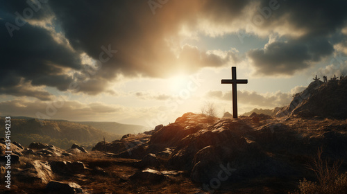 Cross of Faith: A majestic cross standing tall on a hill, with rays of sunlight breaking through the clouds, evoking a sense of reverence and inspiration, reminding us of the core 