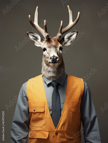 An Anthropomorphic Deer Dressed Up Like a Construction Worker Wearing a Vest and a Hard Hat