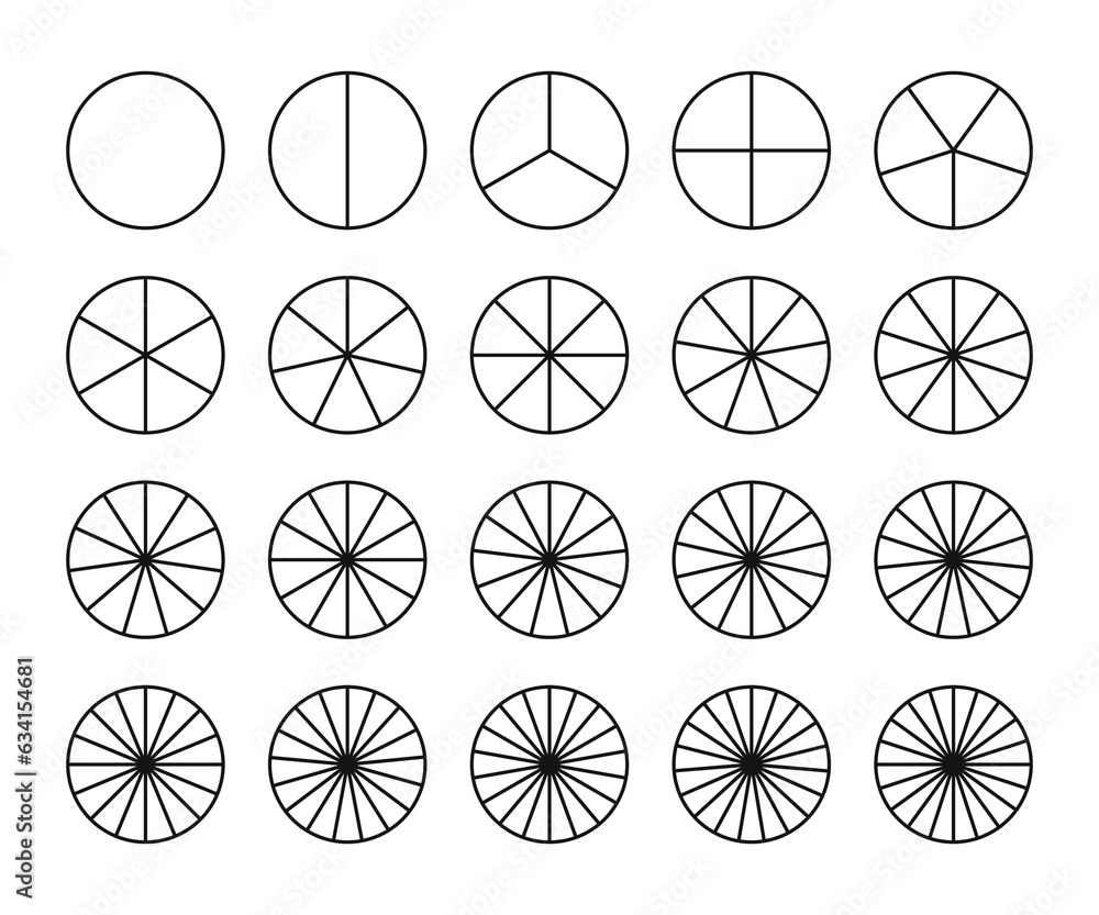 Segment slice icons set. Circles divided in segments from 1 to 20. Vector round 20 section. Pie charts icon