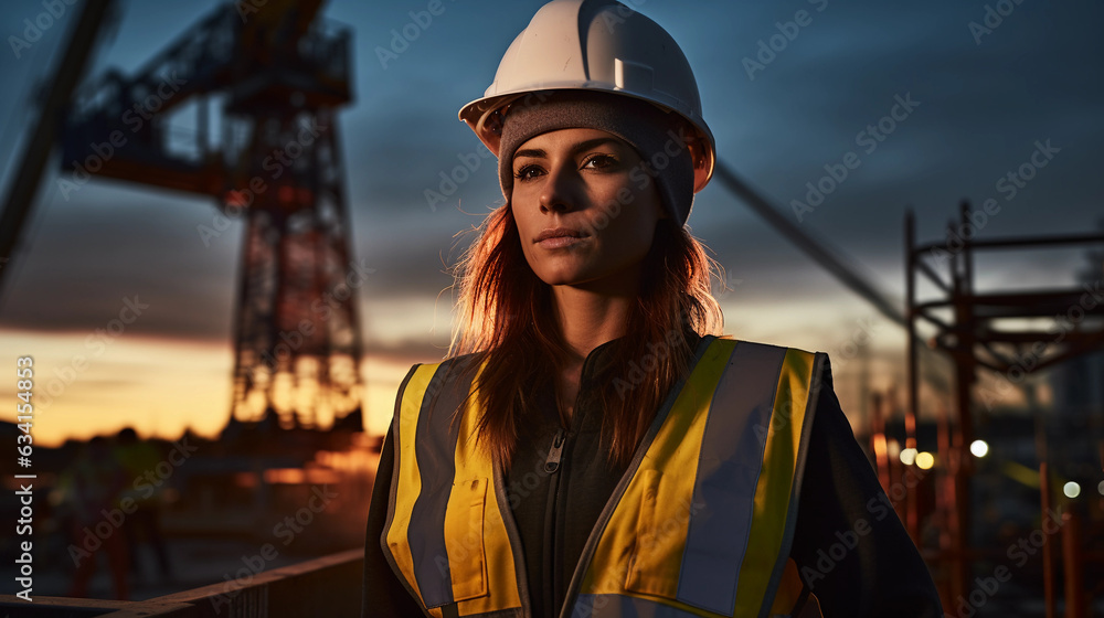 A powerful image of a female construction worker in a hard hat and high - vis vest, against the backdrop of a towering construction crane, shot at dusk, ambient lighting A powerful image of a female construction worker in a hard hat and high - vis vest, against the backdrop of a towering construction crane, shot at dusk, ambient lighting