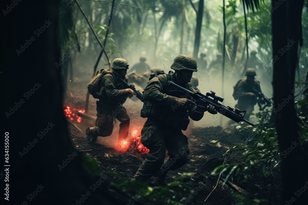 Team of soldiers engaged in the exploration of the forest