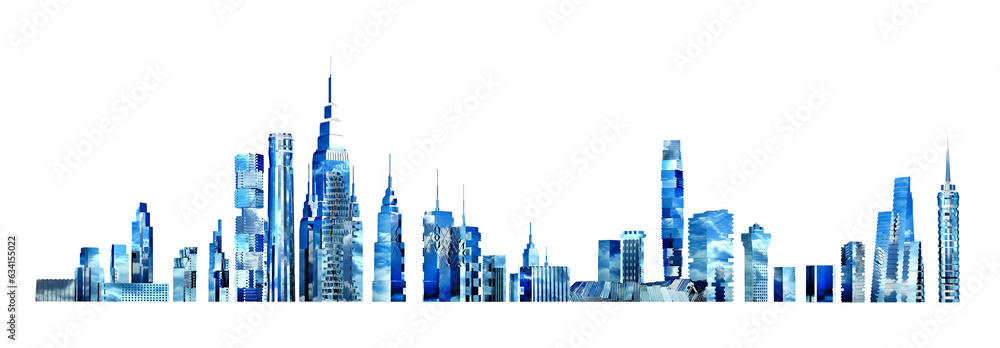 Beautiful panoramic City view with skyscrapers, office buildings with blue sky reflection. 3D rendering illustration