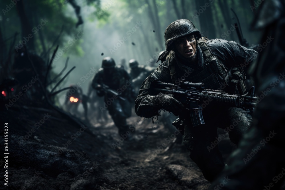 Fototapeta premium Team of soldiers engaged in the exploration of the forest