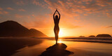 a sunrise yoga session on a beach. The yoga instructor stands in a powerful pose, the sun rising in the background. Mood: tranquil, revitalizing