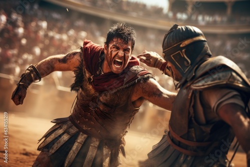 A ferocious gladiator wearing armored Roman gladiator at the Ancient Rome gladiatorial games in the coliseum photo