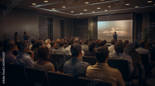 Billede på lærred a filled seminar room with audience attentively listening to a speaker on stage under spotlight, speaking on Self - Growth