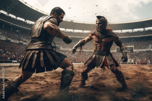 A ferocious gladiator wearing armored Roman gladiator at the Ancient Rome gladiatorial games in the coliseum