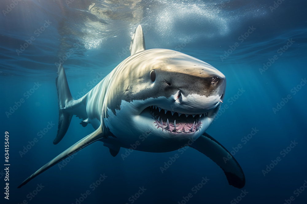 Naklejka premium a great white shark, piercing gaze, intense details, in deep ocean waters, dynamic lighting