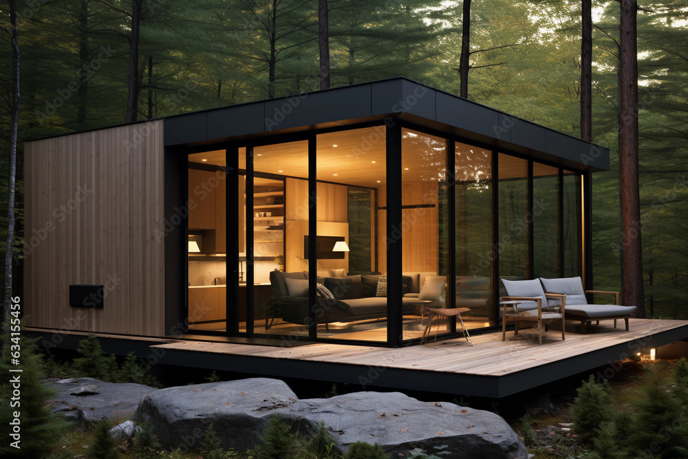 a modern, minimalist tiny home with floor to ceiling windows revealing a dense forest view. Emphasize muted colors, clean lines, open space
