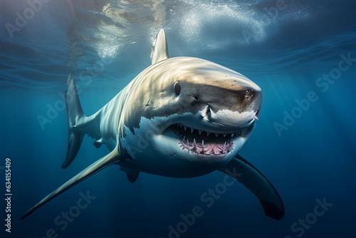 a great white shark  piercing gaze  intense details  in deep ocean waters  dynamic lighting